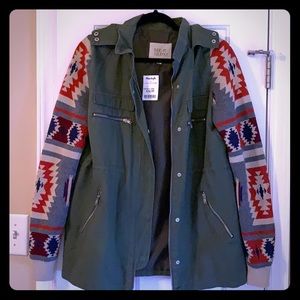 Thread & Supply Olive Utility Jacket with Patterned Sleeves